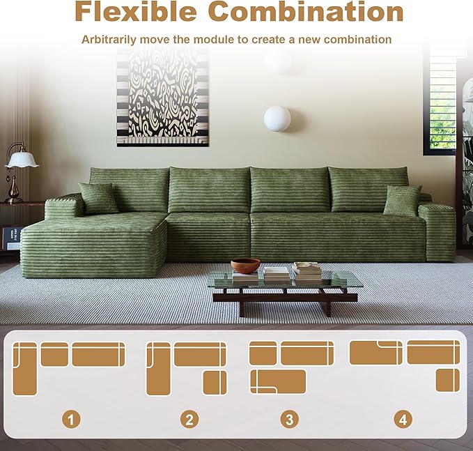 136" Sectional Couches for Living Room Modern Modular Sofa with L-Shape Couchs Upholstered Boneless Couch Deep Seat Sectional Couch with Chaise (Green, Left Facing Chaise+3Seaters)