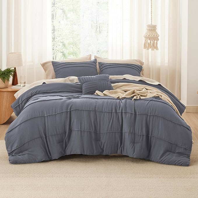 Bedsure Queen Comforter Set - 4 Pieces Pinch Pleat Bed Set, Dark Grey Boho Bedding for All Season, 1 Soft Comforter, 2 Pillowcases, 1 Decorative Pillow