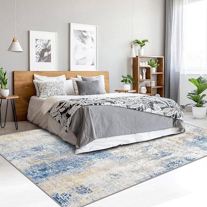 3x5 Rug, Small Area Rug for Living Room, Bedroom, Kitchen, Machine Washable Non-Slip Throw Rug, Modern Abstract Carpet for Entryway Nursery Coffee Table, Blue Ivory Yellow