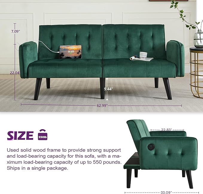 TYBOATLE 65" W Velvet Modern Convertible Folding Futon Couch Sofa Bed w/ 2 USB Charging Ports and arms, Loveseat for Living Room, Office, Apartment, Bedroom (Green)