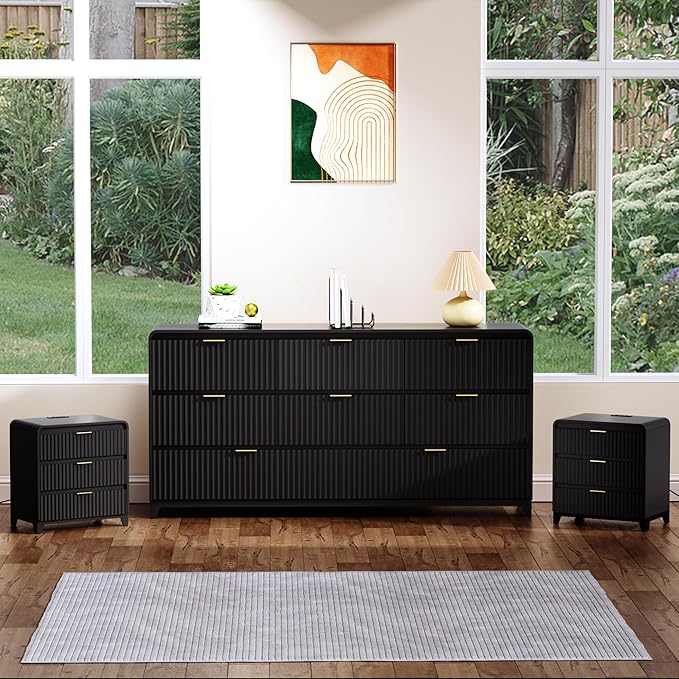 3 Pcs Bedroom Furniture Set, 8 Drawer Fluted Dresser and Nightstand Set of 2 with Charging Station, Modern Bed Side Table Chest of Drawers Storage Cabinet Set for Bedroom, Living Room, Black