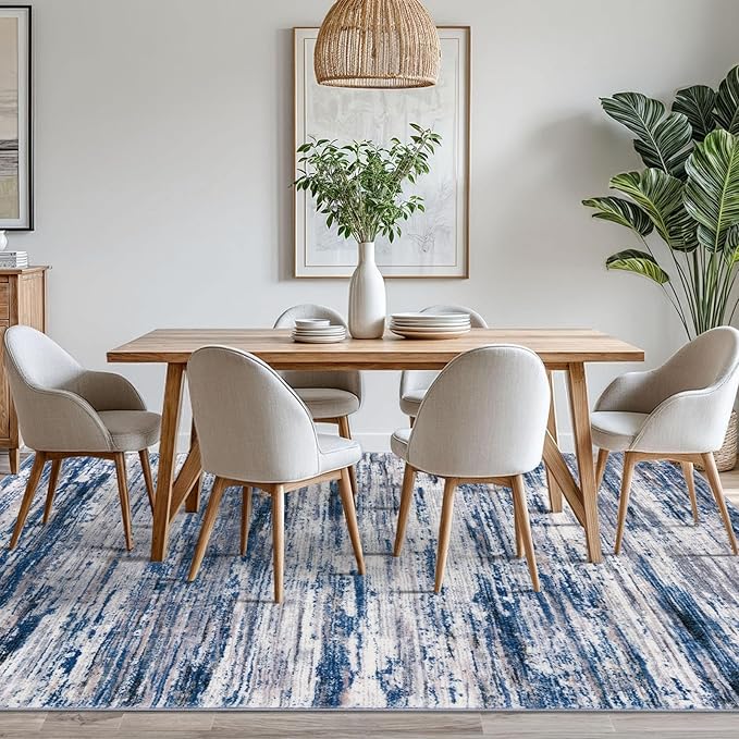 8x10 Modern Abstract Area Rug for Bedroom, Navy Blue Gray Neutral Multi Large Super Soft Washable Rugs with Non-Slip, Non-Shedding Carpet for Living Room, Indoor Door Mat For Office Home Décor