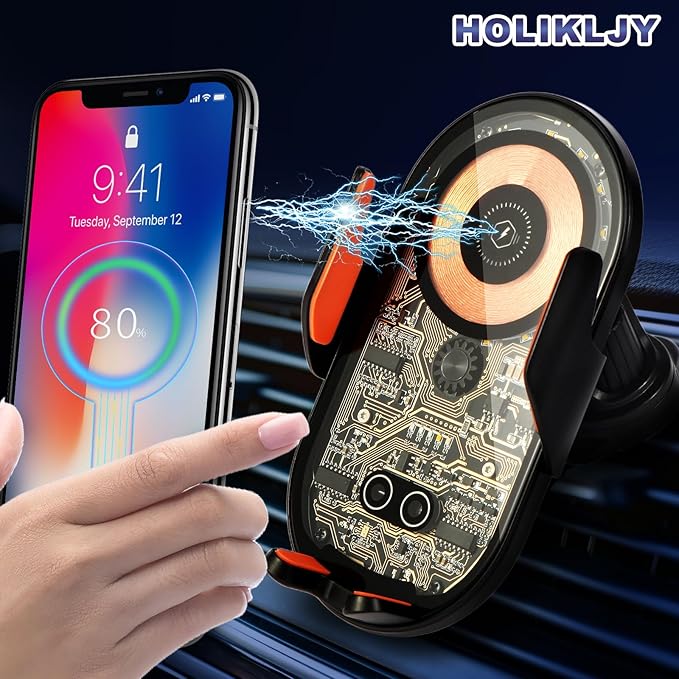 Wireless Car Charger, 15W Fast Charging Auto-Clamping Car Charger Phone Mount Air Vent Cell Phone Holder Compatible with iPhone 16 Pro Max/15/14/13/12/11, Samsung Galaxy S23/S22/S21/S20, etc