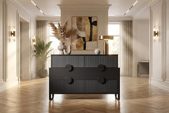 LGHM Fluted Dresser for Bedroom with 6 Drawers, Modern 6 Drawers Dressers with Semicylinder Fluted, Solid Chest of Drawers, 50" W Dresser with Bold Steel Frame, Metal Handles, Black