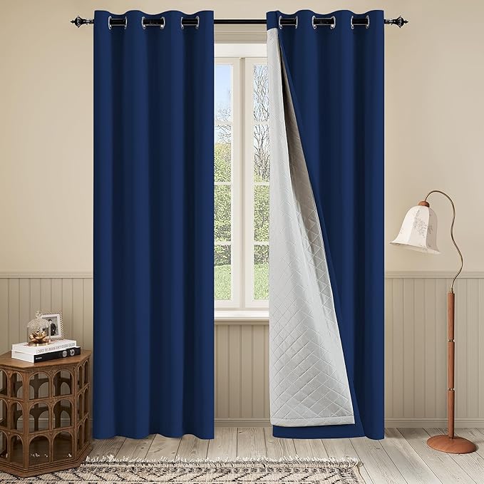 3 Layers Soundproof Curtains Grommet Full Blackout Curtains with Thermal Insulation Curtains Noise and Heat Reduction for Bedroom Living Room 50”widthx108”Length Inch Navy Blue 1 Panel