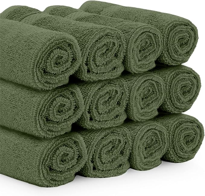 White Classic Luxury Cotton Washcloths 13x13 Inch - 650 GSM Turkish Cotton | Hotel, Spa, Bathroom Face Towel | 12 Pack, Forest Green