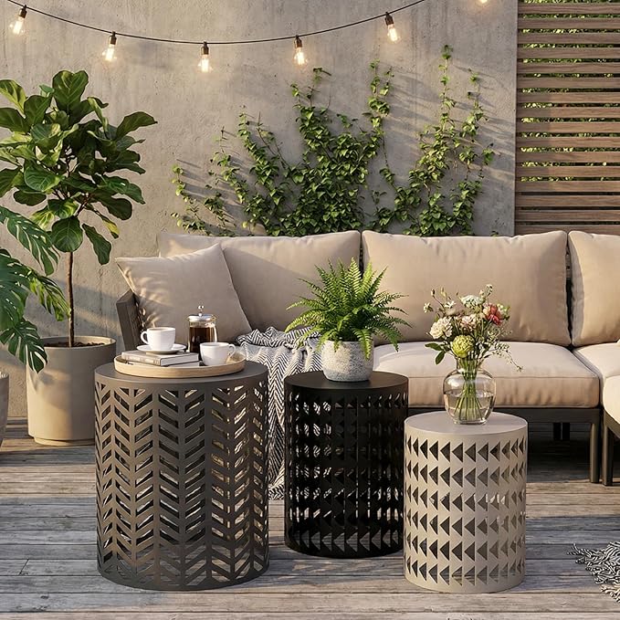 Nesting Outdoor Side Table, Small Round Metal Coffee Tables Set of 3, Stacking End Table for Garden Apartment Small Space, 176lbs, Bedside Tables, Nightstand, Plant Stand