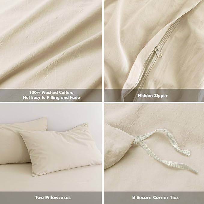 FOSSA Duvet Cover Set 100% Washed Cotton Linen Feel Super Soft Breathable Cozy 3 Pieces Bedding Sets Solid Almond Grey Super King
