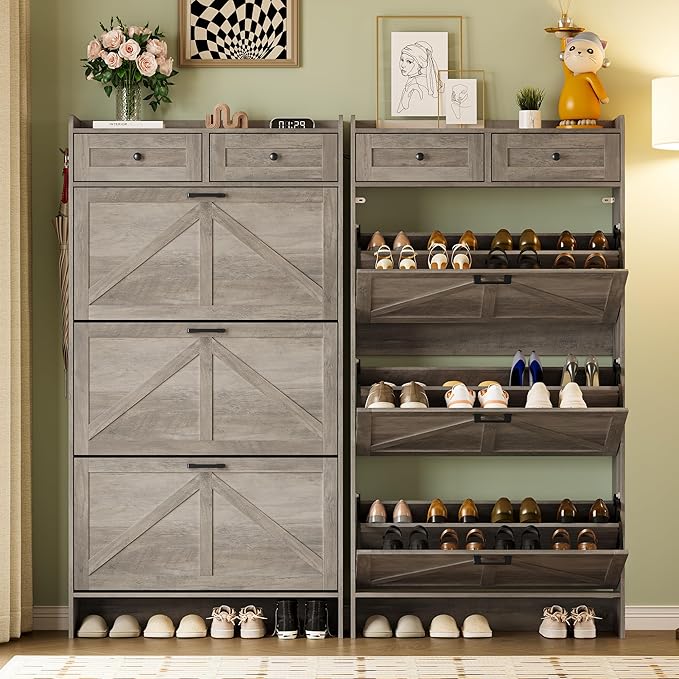 Shoe Storage Cabinet for Entryway, Farmhouse Narrow Shoe Cabinet with 3 Flip Drawers & 2 Top Drawers, Adjustable Shelves & Hooks, Freestanding Hidden Rack Organizer for Hallway, Foyer