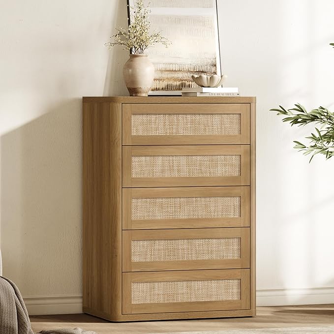 SICOTAS Tall Dresser for Bedroom - Rattan 5 Drawer Dressers Chest of Drawers with Push-to-Open Design, Modern Extra Deep Clothes Dresser with Large Storage for Closet, Living Room, Amber Oak