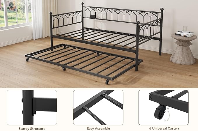 GarveeHome Daybed with Trundle, Metal Twin Trundle Bed with Charging Station & LED Lights, Sofa Beds Frame with Pull Out Bed for Living Room, Guest Room, Apartment, Small Spaces, Black