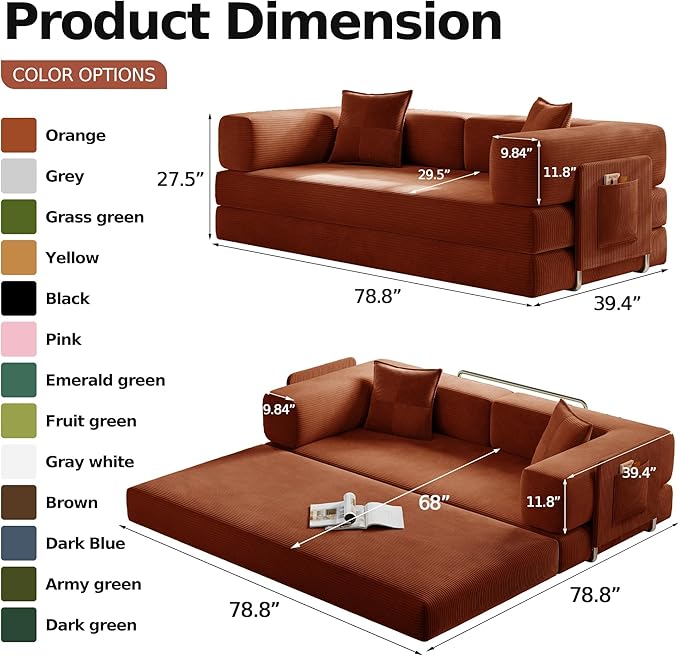 78.8" Convertible Futon Sofa Bed,Corduroy Futon Couch with Storage Pocket,Folding Pull Out Sofa,No Assembly Boneless Couch for Living Room,Orange