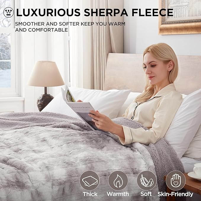 Westinghouse Electric Blanket Twin, Faux Fur Heated Blanket with 10 Heating Levels & 1-12 Hours Auto Off, Soft Cozy Sherpa Heated Blanket Washable Blanket (62" x 84" Twin Size, Light Grey)