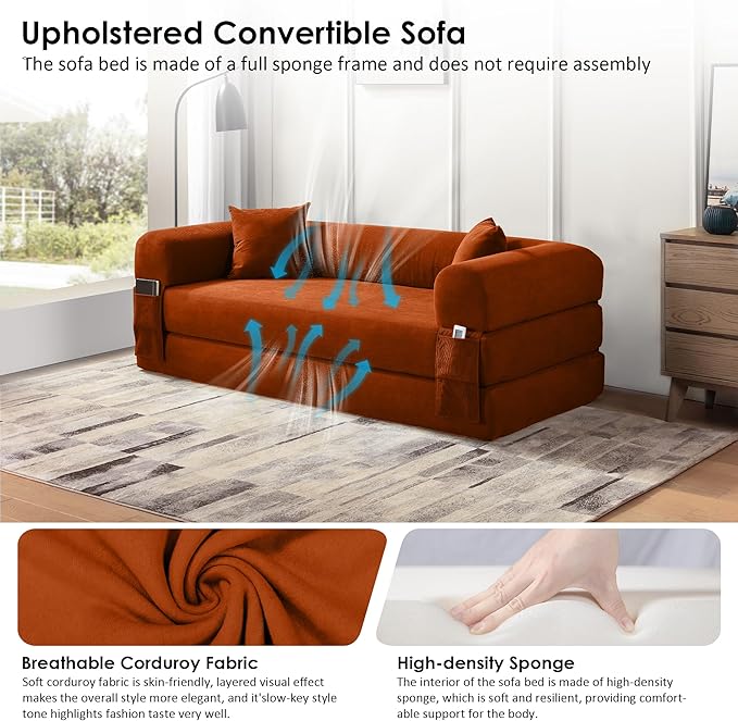 80" Convertible Sofa Bed, 3-in-1 Corduroy Folding Pull Out Couch with Pillows, No Assembly Modern Boneless Couch Compression Sofa in Box, Floor Sofa with Side Storage Pocket for Living Room, Orange