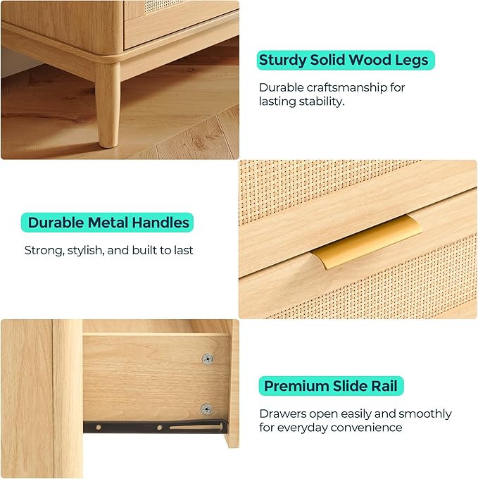 LINSY Rattan 6 Drawer Dresser for Bedroom, 54" Wide Mid-Century Modern Tall Chest of Drawers, Deep Storage Dresser with Curved Corner Design, Large Accent Wood Cabinet for Bedroom, Oak