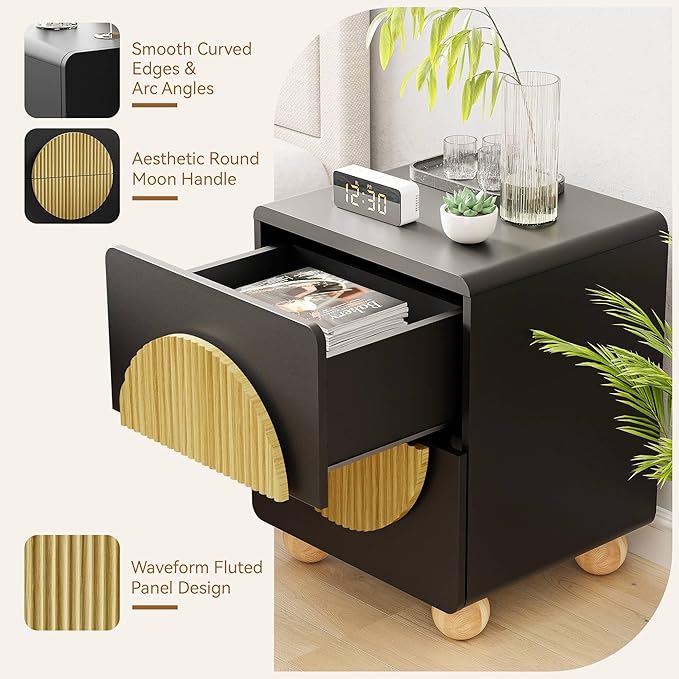 23" Black Nightstand with Solid Wood Legs Set of 2, Modern Style Fluted Bedside Table with Round Moon Handle & Storage, Mid Century Night Stand for Bedroom, Side Table, End Table