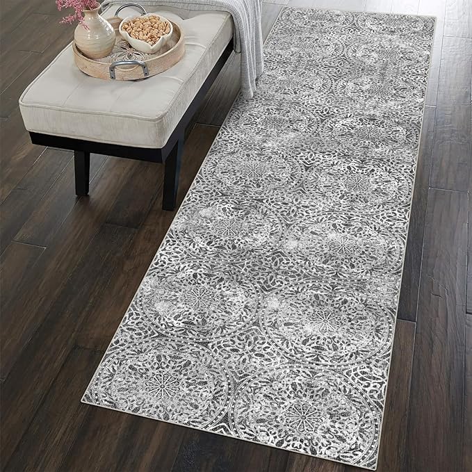 vivorug Runner Rug 2'x7' Machine Washable Non-Slip Runners for Hallways Kitchen Entryway Laundry Room Vintage Medallion Carpet Hallway Runner Grey
