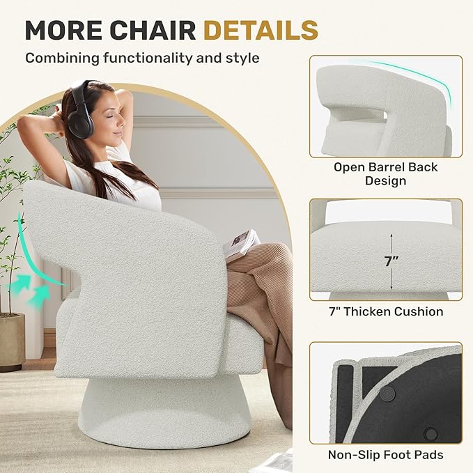 Swivel Accent Chair Set of 4, Modern Comfy Teddy Barrel Chairs, Oversized Upholstered Round Arm Chair for Living Room, Bedroom, Reading Room, White
