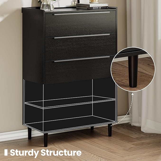48" Tall Black Dresser for Bedroom, Modern 5 Drawer Chest of Drawers with Wood Grain Finish, Slim Vertical Storage Cabinet with Raised Edge Top, Anti-Tip Kit
