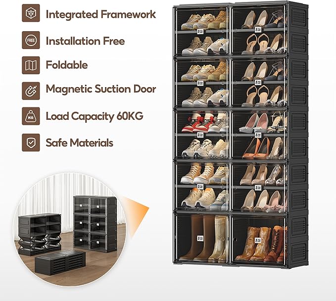 Shoe Rack Organizer Cabinet for Closet Entryway,Clear Shoe Storage Boxes Stackable Sneaker Storage with Door Easy Assembly Black Shoe Cabinet with Lids Large 9 Tiers 36 Pairs