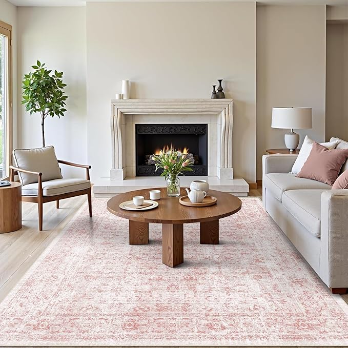 6x9 Area Rug, Ultra-Soft Washable Rug for Living Room, Dinner Room, Bedroom, Non-Slip Vintage Floral Rug, Indoor Carpet Large Area Rug, Pink