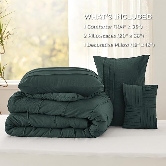 Bedsure California King Comforter Set - 4 Pieces Pinch Pleat Bed Set, Emerald Green Boho Bedding for All Season, 1 Soft Comforter, 2 Pillowcases, 1 Decorative Pillow