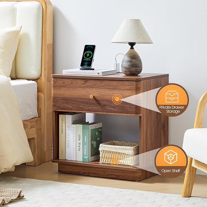 Narrow Nightstand Set of 2, Wooden Small 2 Drawer Nightstand, Slim Side End Table, Skinny Bedside Table, Mid Century Modern Night Stand with Drawers, for Living Room (Walnut-Charging Station-2 pcs)