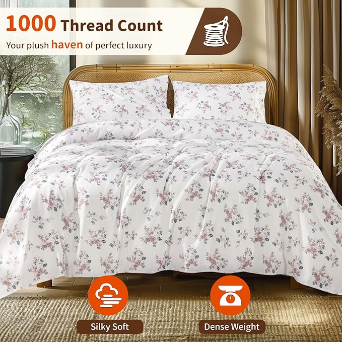 LBRO2M 1000 Thread Count Sheets 100% Egyptian Cotton Bedding Set Floral King Size Sheets 16 Inches Deep Pocket Bedding 4 Piece Sets (King, Rose)