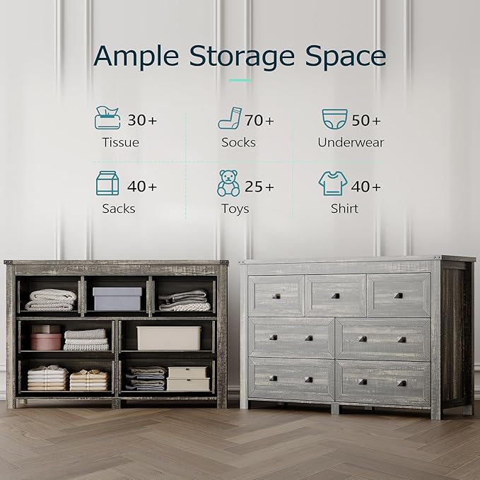 Dresser for Bedroom with 7 Drawers, Farmhouse Wood Chest of Drawers, Wide TV Stand Closet Storage Furniture with Metal Handle, Modern Wooden Clothes Organizer for Hallway, Living Room, Entryway, Grey