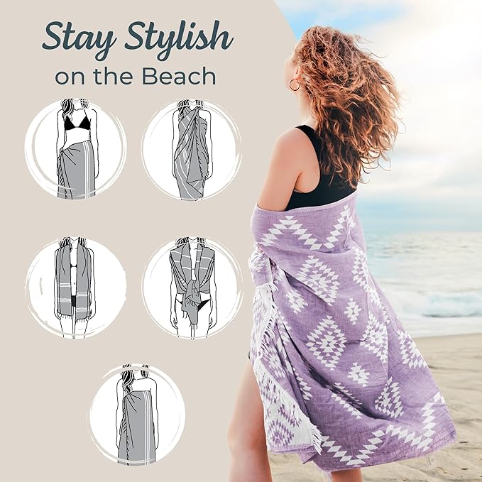 Turkish Towels Beach Towels Oversized (35”x67”) Beach Towels for Adults Quick Dry and Sand Free Beach Towel Beach Blanket 100% Cotton Turkish Towel - Lilac Purple