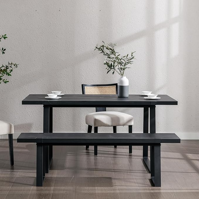 Wahson 60" Black Dining Bench Set of 2, Wooden Table Bench with Metal Legs, Modern Kitchen Bench for Enrtyway/Indoor/Dining Room