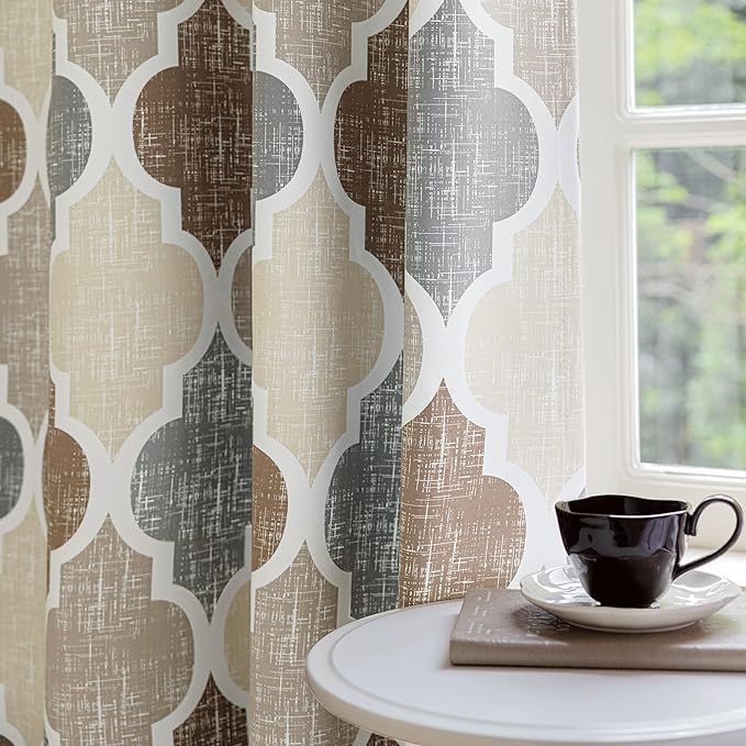 Beauoop 100% Blackout Curtains 96 Inches Long 2 Panels for Bedroom Living Room Brown Grey Moroccan Geo Room Darkening Thermal Insulated Soundproof Grommet Top Window Treatments Drapes, 50x96 Set of 2
