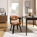 Art Leon Desk Chair No Wheels - Modern Faux Leather Office Chair Mid Century Swivel Desk Chair, Comfy Accent Armchair with Wooden Legs for Small Spaces Home Office Living Room Bedroom Study, Brown
