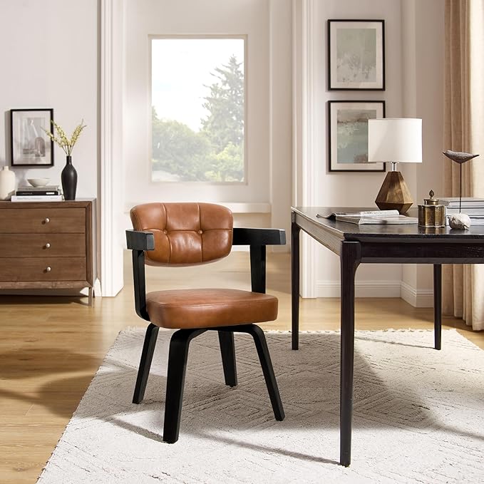Art Leon Desk Chair No Wheels - Modern Faux Leather Office Chair Mid Century Swivel Desk Chair, Comfy Accent Armchair with Wooden Legs for Small Spaces Home Office Living Room Bedroom Study, Brown