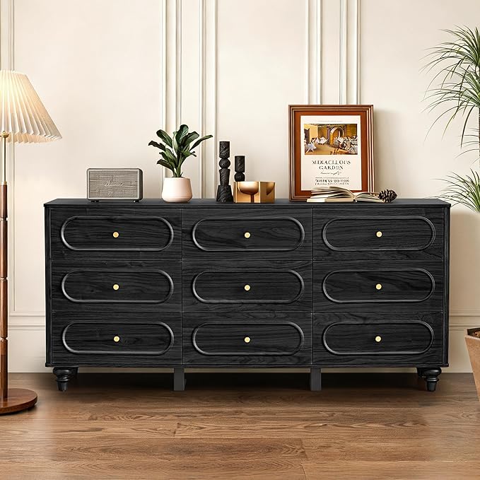 9 Drawer Fluted Dresser for Bedroom, Mid Century Modern Chest of Drawers, Wood Storage Small Dresser Organizer for Bedroom Living Room Hallway Closet, Black