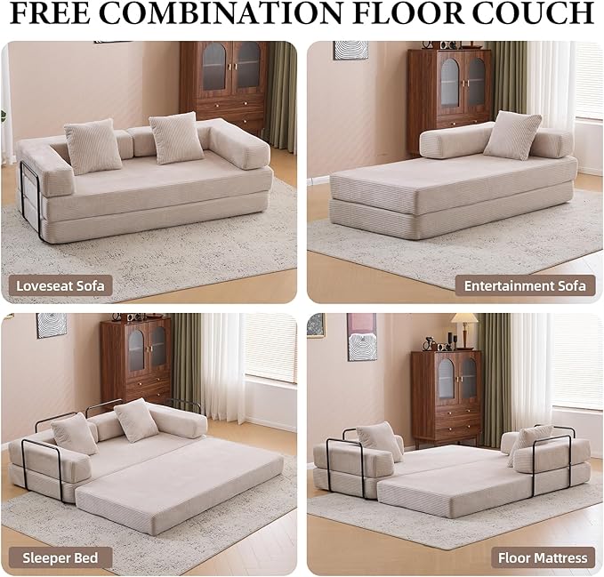 4-in-1 Convertible Folding Sleeper Sofa Bed, Fold Out Floor Sofa Couch with Fixed-Shape Frame, Cloud Corduroy Foldable Mattress Couch for Living Room Bedroom (77" Corduroy, Light Grey)