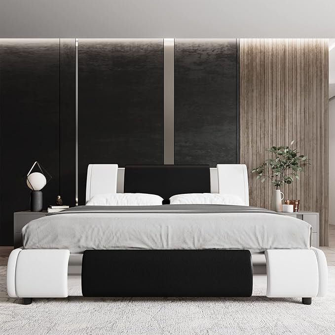 TTVIEW Modern Faux Leather Upholstered Platform Bed Frame with Iron Metal Decor, Adjustable Curved Headboard, Wooden Slats Support, No Box Spring Needed, Queen Size, Blackwhite