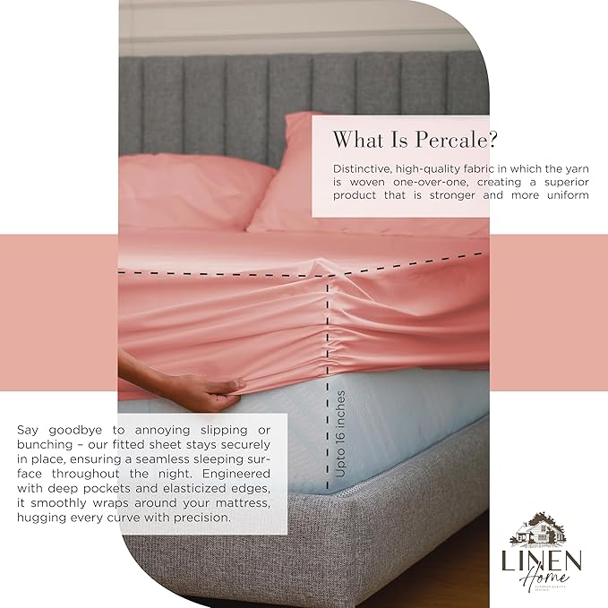 Linen Home 100% Cotton Percale Sheets Full Size, English Rose, Deep Pocket, 4 Pieces Set - 1 Flat, 1 Deep Pocket Fitted Sheet and 2 Pillowcases, Crisp Cool and Strong Bed Linen