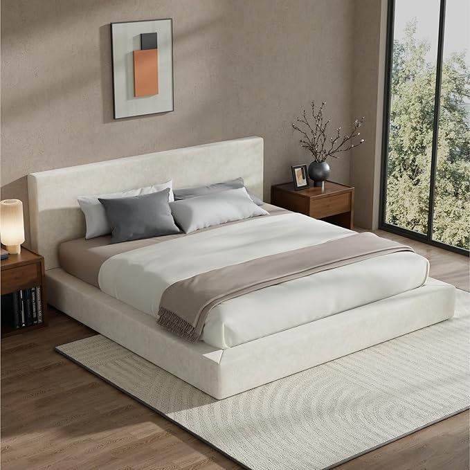 RECCI Cloud Upholstered King Bed Frame with Headboard, 5 Inch Foam Padded Platform, No Box Spring, Easy Assembly (Cream)