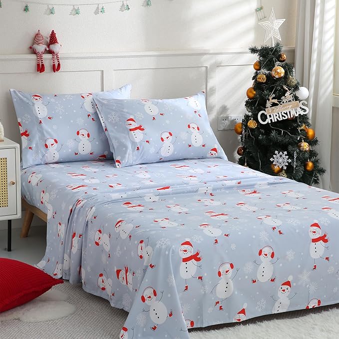 JSD Snowman Kids Sheet Set Twin Size, 3 Piece Blue Snowflakes Christmas Printed Microfiber Sheets Deep Pocket