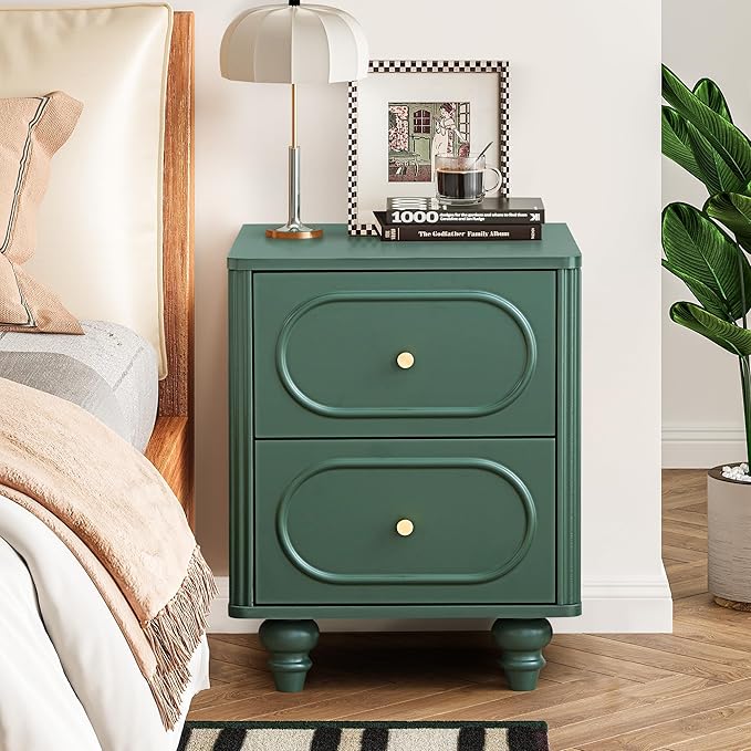 2 Drawer Fluted Mini Small Dresser for Bedroom Set of 2, Mid Century Modern Nightstand Bedside End Table, Wood Storage Dresser Organizer for Bedroom, Green
