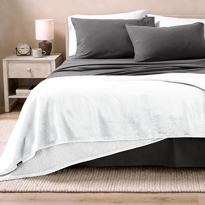 Bare Home Sherpa Fleece Blanket - Full/Queen Size - Blanket for Bed, Sofa, and Couch - Warm & Lightweight - Fluffy & Soft - Reversible (Full/Queen, White)