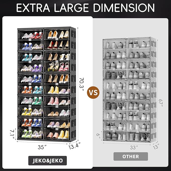 JEKO&JEKO 10 Tiers Foldable Shoe Rack Organizer Cabinet for Closet Entryway, Large Collapsible Shoe Storage Box with Magnetic Doors (Black)