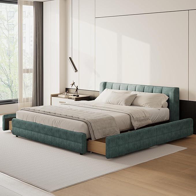DEINPPA Queen Size Bed Frame with 4 Storage Drawers and Cloud Soft Headboard, Chenille Upholstered Grounded Wood Base Bed Frame, No Box Spring Needed-Blue+Green