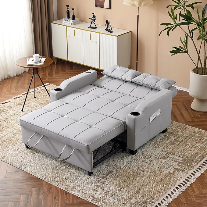 VINGLI Convertible Loveseat Sleeper, Light Grey Faux Leather Futon Sofa Bed Pullout Couch Bed with USB Ports, Cup Holders, Armrest for Living Room, Bedroom, Home Office Apartment