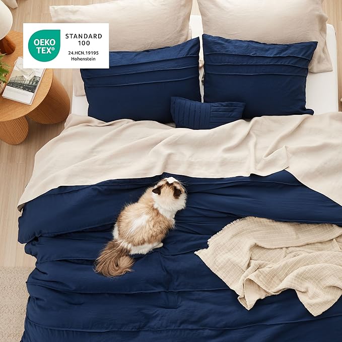 Bedsure Queen Comforter Set - 4 Pieces Pinch Pleat Bed Set, Navy Blue Boho Bedding for All Season, 1 Soft Comforter, 2 Pillowcases, 1 Decorative Pillow