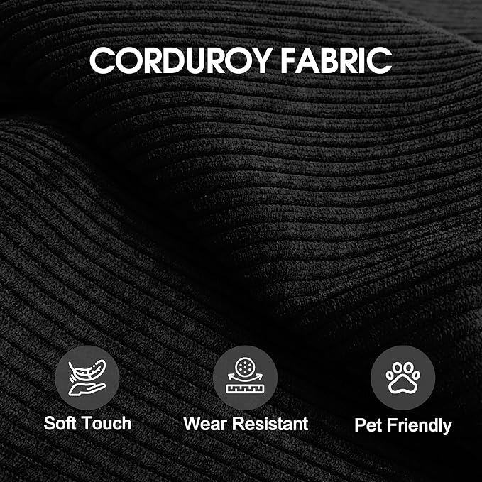 79" Convertible Sofa Bed, Corduroy Folding Pull Out Couch with Pillows, No Assembly Modern Boneless Couch Compression Sofa in Box, Floor Sofa with Support Rods for Living Room,Black