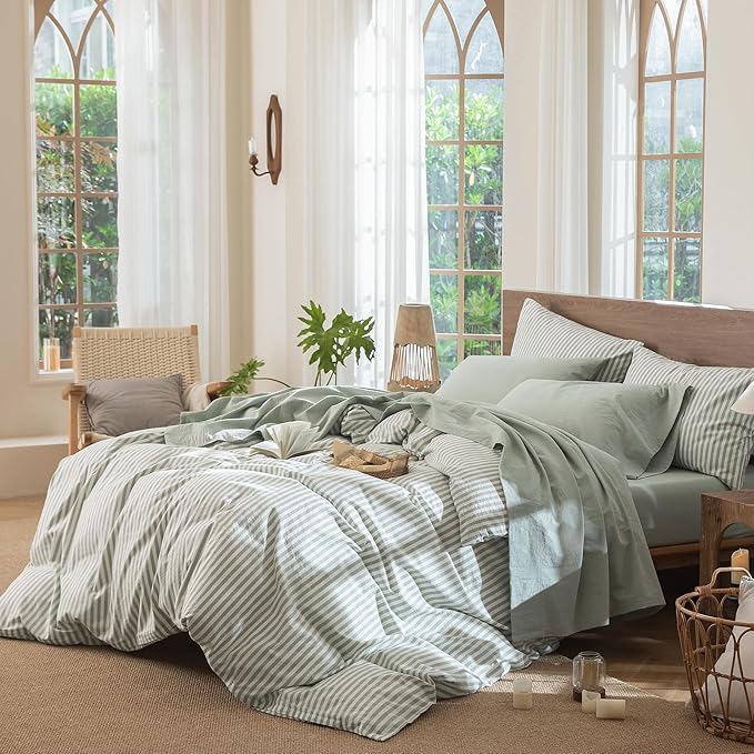 MooMee Bedding Sheet Set 100% Washed Cotton Linen Like Textured Breathable Durable Soft Comfy (Heathered Sage Green, Full)