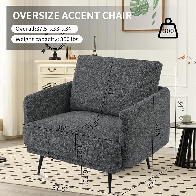 Oversized Accent Chair for Living Room Cozy Reading Chairs Mid-Century Modern Accent Chairs Armchair with Metal Legs Single Sofa Chair for Home Office (1-PCS, Chenille Fabric- Dark Grey)