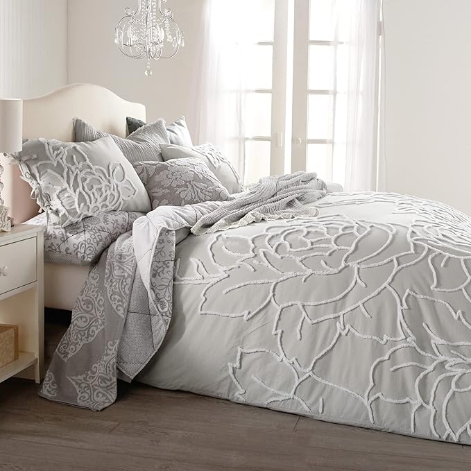 Peri Home 100% Cotton 3-Piece Duvet Cover and Sham Set, King, Grey Chenille Rose